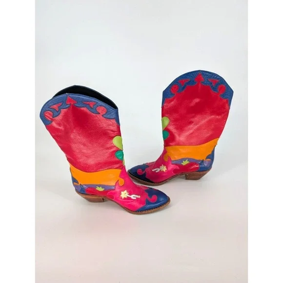 VTG Zalo Multicolor Leather Fringe Cowboy Boots 6.5 Western Boho Festival Art